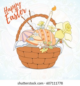 Happy Easter hand drawn vector illustration retro card. Eggs in basket on light background can be used for invitation, banner template, flyer, sale, website, cover. Art concept.