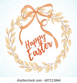 Happy Easter hand drawn vector illustration. Wreath of leaves with ribon on light background can be used for invitation, card, banner template, flyer, sale, website, cover. Art concept.