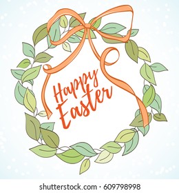 Happy Easter hand drawn vector illustration. Wreath of leaves with ribon on light background can be used for invitation, card, banner template, flyer, sale, website, cover. Art concept.