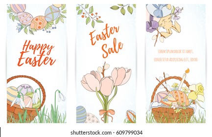 Happy Easter hand drawn vector illustration. Bunny, basket of eggs, candel and flowers on light background can be used for invitation, card, banner template, flyer, sale, website, cover. Art concept.