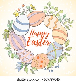 Happy Easter hand drawn vector illustration. Wreath of eggs and flowers on light background can be used for invitation, card, banner template, flyer, sale, website, cover. Art concept.