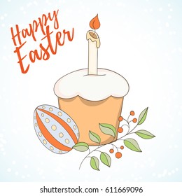 Happy Easter hand drawn vector illustration card. Sweat easter cake and egg with the flower on light background can be used for invitation, banner template, flyer, sale, website, cover. Art concept.