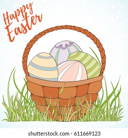 Happy Easter hand drawn vector illustration retro card. Eggs in basket on light background can be used for invitation, banner template, flyer, sale, website, cover. Art concept.