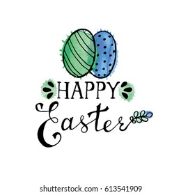 Happy Easter hand drawn watercolor card with eggs. Watercolor Easter design with lettering and watercolor splashes.