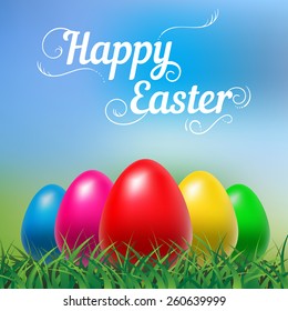 Happy Easter hand drown text. Typographical blurred background
