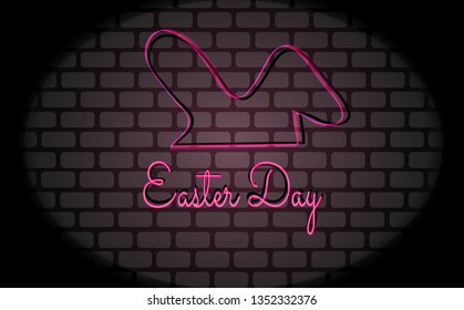Happy Easter Hand letter card Neon Sign Vector Abstract background Bright pink neon rabbit vector-vector