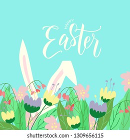 Happy Easter hand lettering with bunny ears and flowers. Vector typography. Pascha logotype, badge and icon. Resurrection Sunday postcard, card, invitation, poster, banner template.