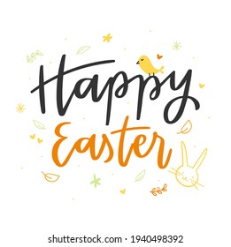 Happy Easter Hand Lettering with bunny drawing