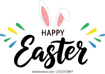 Happy Easter Hand Lettering with Bunny Ears and Colorful Decorative Elements