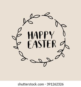 Happy Easter hand lettering calligraphy in wreath