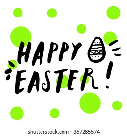 Happy Easter! Hand lettering card. Modern calligraphy on trendy abstract geometric background. Bright electric green color. Vector illustration