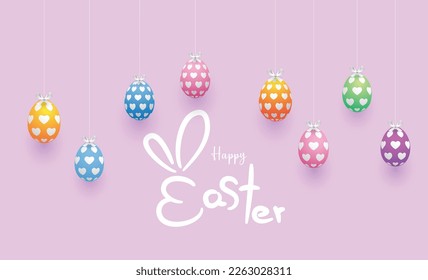 Happy Easter hand lettering with with Easter eggs, paper art style, Vector illustration
