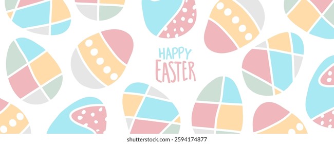 Happy Easter. Hand lettering and easter eggs. Festive banner for Easter holiday greetings and invitations. Vector illustration.