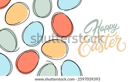Happy Easter. Hand lettering, Easter eggs and black outlines. Festive banner for Easter holiday greetings and invitations. Vector illustration.