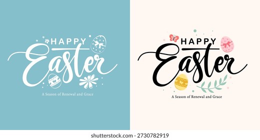 Letras de la mano de Pascua feliz con Elementos florales y de primavera. Plantillas gráficas festivas para saludos e invitaciones de vacaciones de Pascua. Diseño de Vector