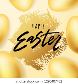 Happy Easter hand lettering with gold realistic Easter egg. Vector typography. Quote as Pascha logotype, badge and icon. Resurrection Sunday postcard, card, invitation, poster, banner template.