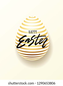 Happy Easter hand lettering with gold realistic looking egg. Vector typography. Quote as Pascha logotype, badge and icon. Resurrection Sunday postcard, card, invitation, poster, banner template.