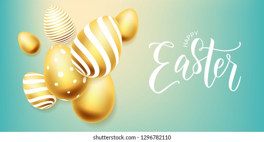 Happy Easter hand lettering with gold realistic looking egg. Vector typography. Quote as Pascha logotype, badge and icon. Resurrection Sunday postcard, card, invitation, poster, banner template.