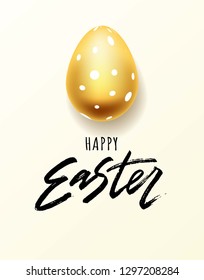 Happy Easter hand lettering with gold realistic looking egg. Vector typography. Quote as Pascha logotype, badge and icon. Resurrection Sunday postcard, card, invitation, poster, banner template.