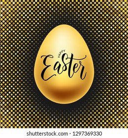 Happy Easter hand lettering with gold realistic looking egg. Vector typography. Quote as Pascha logotype, badge and icon. Resurrection Sunday postcard, card, invitation, poster, banner template.