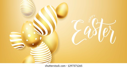 Happy Easter hand lettering with gold realistic looking egg. Vector typography. Quote as Pascha logotype, badge and icon. Resurrection Sunday postcard, card, invitation, poster, banner template.