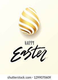 Happy Easter hand lettering with gold realistic looking egg. Vector typography. Quote as Pascha logotype, badge and icon. Resurrection Sunday postcard, card, invitation, poster, banner template.
