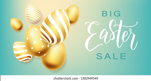 Happy Easter hand lettering with gold realistic looking eggs. Vector typography. Quote as Pascha logotype, badge and icon. Resurrection Sunday postcard, card, invitation, poster, banner template.