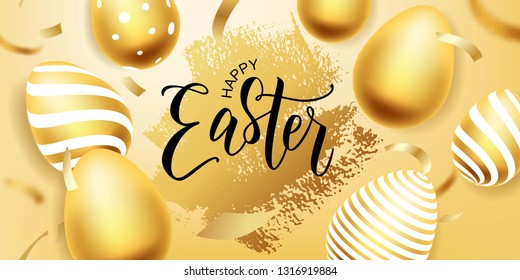 Happy Easter hand lettering with gold realistic looking egg. Vector typography. Quote as Pascha logotype, badge and icon. Resurrection Sunday postcard, card, invitation, poster, banner template.