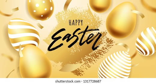 Happy Easter hand lettering with gold realistic looking ester eggs. Vector typography. Quote as Pascha logo, promotion, poster, flyer, article, postcard, web-banner,  invitation template.