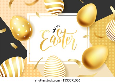 Happy Easter hand lettering with gold realistic looking egg. Vector typography. Quote as Pascha logotype, badge and icon. Resurrection Sunday postcard, card, invitation, poster, banner template.