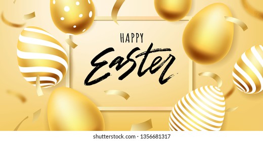 Happy Easter hand lettering with gold realistic looking easter eggs. Vector typography. 