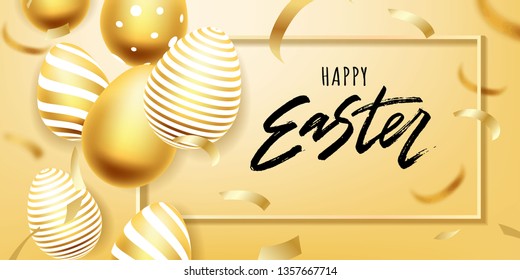 Happy Easter hand lettering with gold realistic looking ester eggs. Vector typography. Quote as Pascha logo, promotion, poster, flyer, article, postcard, web-banner,  invitation template.