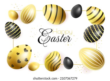 Happy Easter hand lettering with gold realistic looking ester eggs. vector typography. Promotion, poster, flyer, article, postcard, web-banner, invitation template.