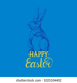 Happy Easter hand lettering for greeting card. Vector drawn paschal bunny illustration on blue background for holiday poster, flyer etc.