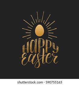 Happy Easter hand lettering greeting card with gold egg. Religious holiday vector illustration on black background for poster, flyer etc.