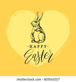 Happy Easter hand lettering greeting card. Vector sketched paschal bunny illustration on yellow background for holiday poster, flyer etc.
