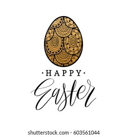 Happy Easter hand lettering greeting card with egg. Religious holiday vector illustration on white background for poster, flyer etc.