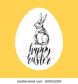 Happy Easter hand lettering greeting card. Vector sketched paschal bunny illustration on yellow background for holiday poster, flyer etc.