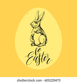 Happy Easter hand lettering greeting card. Vector sketched paschal bunny illustration on yellow background for holiday poster, flyer etc.