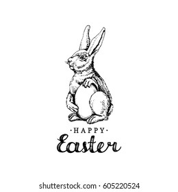 Happy Easter hand lettering greeting card. Vector sketched paschal bunny illustration on white background for holiday poster, flyer etc.