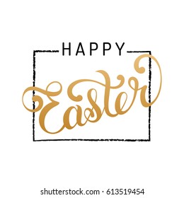 Happy Easter hand lettering greeting card. Vector calligraphic illustration on white background for holiday poster, flyer etc.