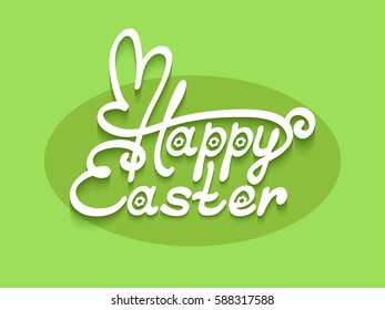 Happy Easter hand lettering. Inscription with Easter Bunny shape on green background. Vector illustration made in paper cut out style.