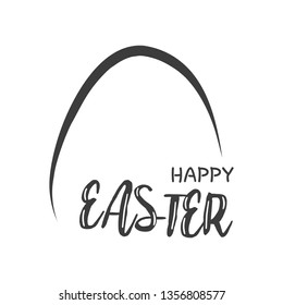 Happy Easter hand lettering on white background with part of egg. Holiday greeting card or postcard. Isolated vector illustration.