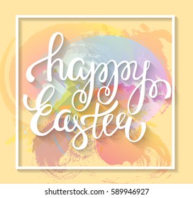 Happy Easter hand lettering on abstract watercolor background. Vector  illustration