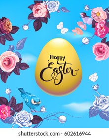 Happy Easter hand lettering on golden egg surrounded by beautiful half-colored flowers, butterflies and cute blue bird against spring sky with clouds on background. Vector illustration for invitation