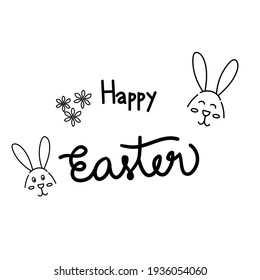 Happy Easter hand lettering and rabbit on white background,vector illustration.