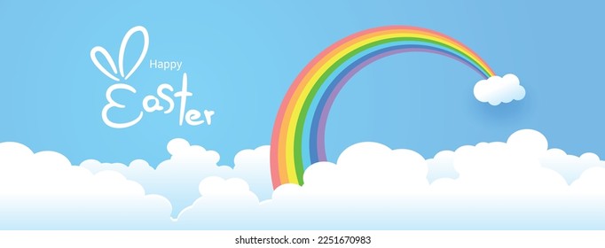 Happy Easter hand lettering with Rainbow and clouds background, paper art style, Vector illustration