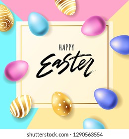 Happy Easter hand lettering with  realistic looking eggs. Vector typography. Quote as Pascha logotype, badge and icon. Resurrection Sunday postcard, card, invitation, poster, banner template.