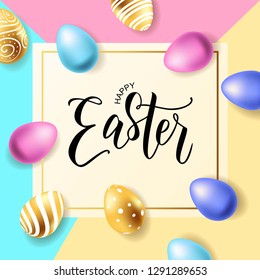 Happy Easter hand lettering with realistic looking eggs. Vector typography. Quote as Pascha logotype, badge and icon. Resurrection Sunday postcard, card, invitation, poster, banner template.