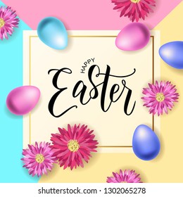 Happy Easter hand lettering with realistic looking eggs. Vector typography. Quote as Pascha logotype, badge and icon. Resurrection Sunday postcard, card, invitation, poster, banner template.